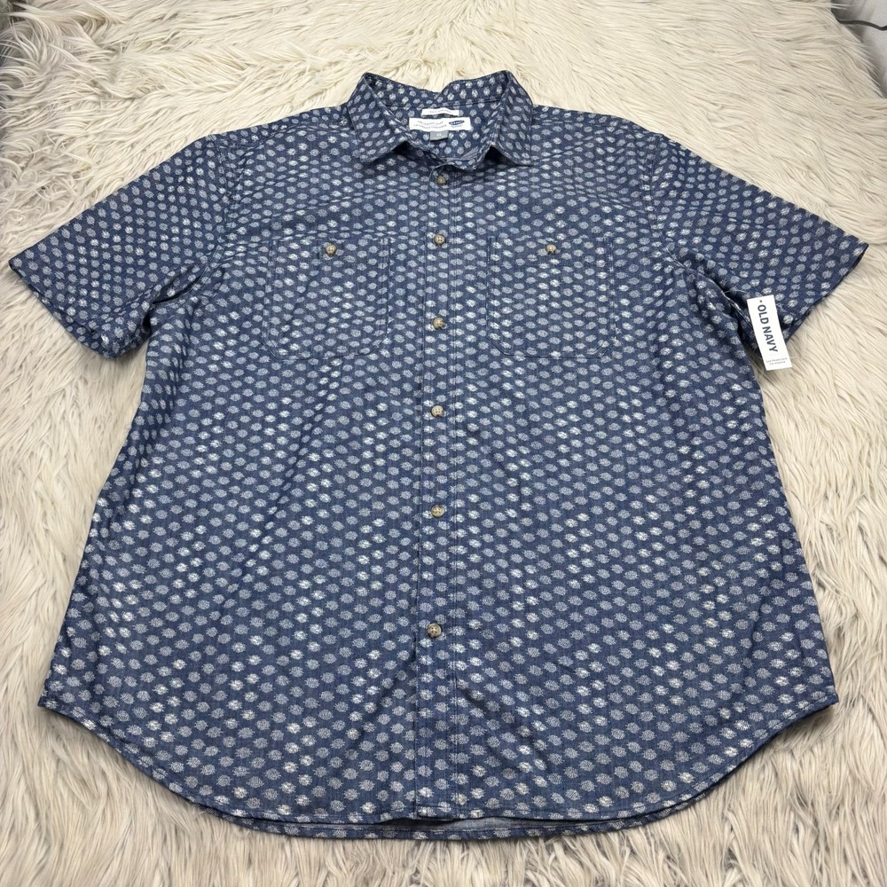 NWT Old Navy Men's XL Dot Printed Short Sleeve Chambray Shirt Classic Preppy